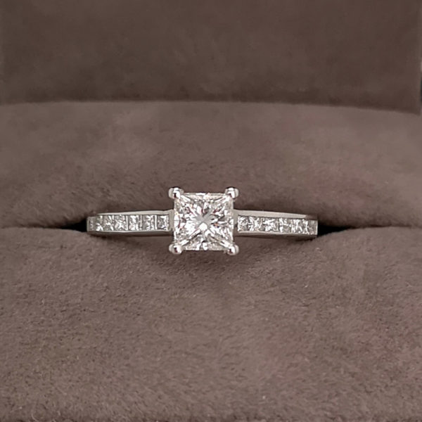 0.83 Princess Cut Diamond Ring with Channel Set Diamond Shoulders - Made to Order