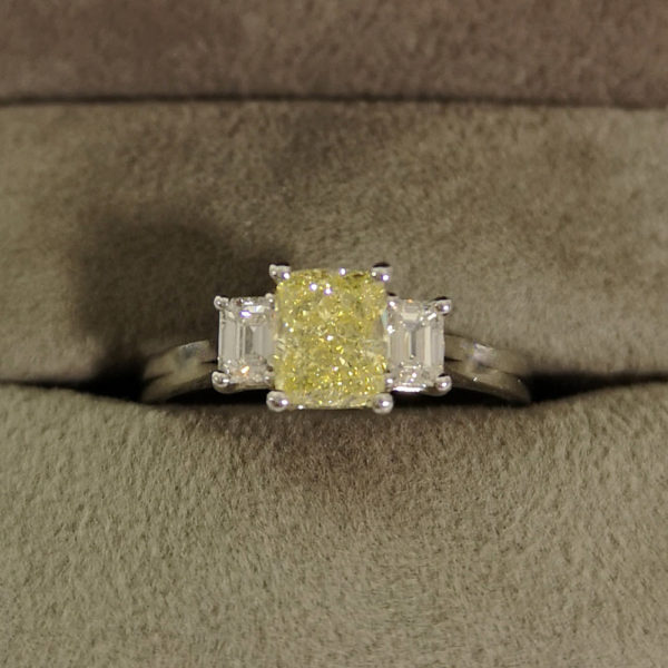 1.42 Carat Fancy Yellow Diamond Cushion Cut Three Stone Ring