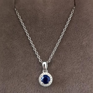 Sapphire and Diamond Halo Pendant and Chain