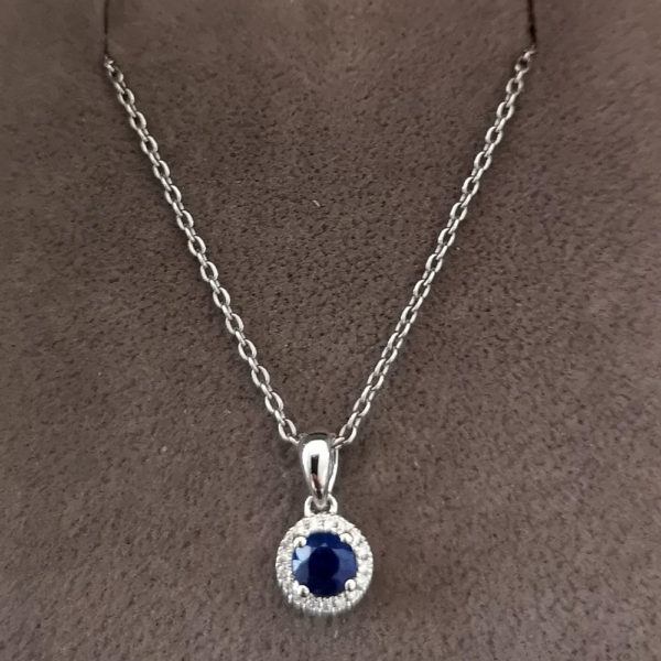 Sapphire and Diamond Halo Pendant and Chain
