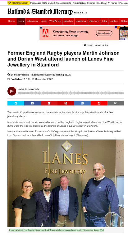 Former England Rugby players Martin Johnson and Dorian West attend launch of Lanes Fine Jewellery in Stamford